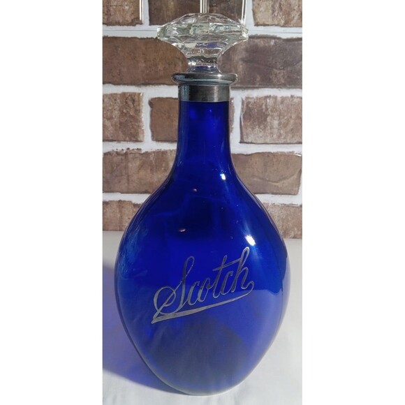 Antique 1920's Scotch Decanter Sterling Silver And Cobalt Blue Glass